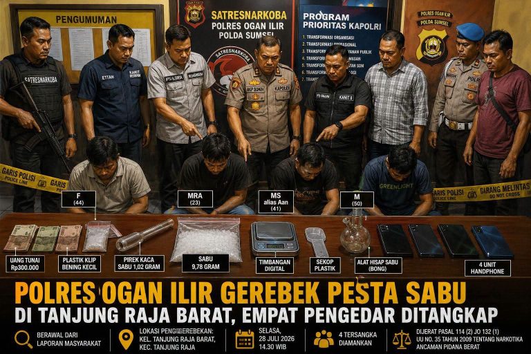 Pesta Sabu Digerebek, Empat Pria di Ogan Ilir Dibekuk, Polisi Sita Narkoba Hampir 10 Gram