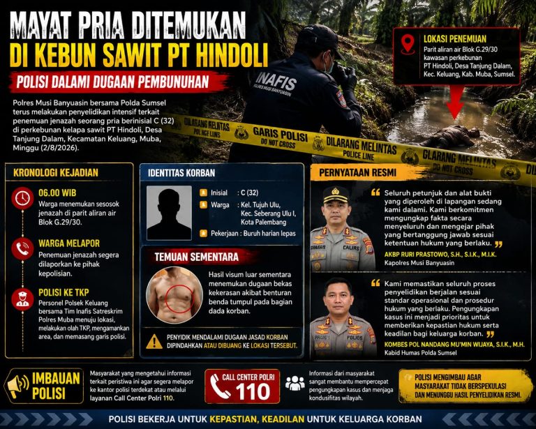 Jenazah Pria Asal Palembang Ditemukan di Kebun Sawit Muba, Polisi Dalami Dugaan Dipindahkan