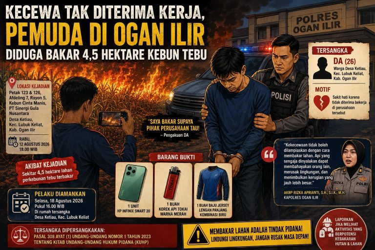 Tak Diterima Bekerja, Pemuda di Ogan Ilir Diduga Nekat Bakar Lahan Tebu